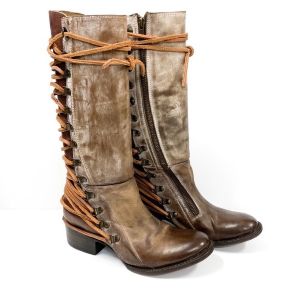 Freebird Reese Brown and Cream Leather Tall Lace Back Knee Height Boots